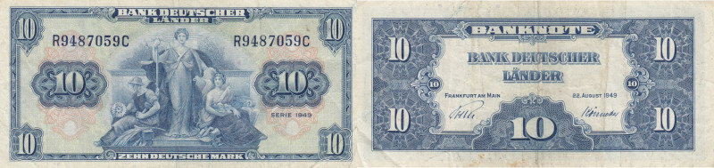 Germany 10 mark 1949
Pick# 16a. VF