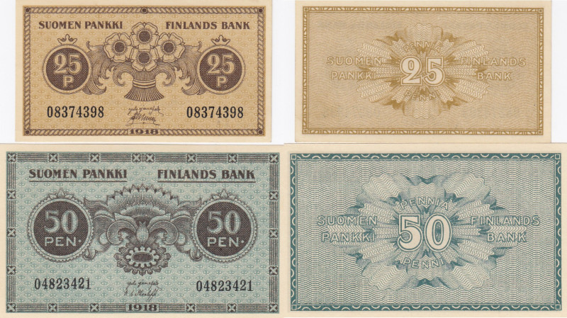 Finland 25 & 50 penni 1918
Pick# 33,34. UNC