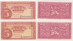 Czechoslovakia 5 korun 1945 + specimen (2)
Pick# 59a,59s. UNC