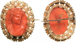 Antique hand carved coral 14k gold cameo brooch 19th century
5.34 g. 31x25mm.