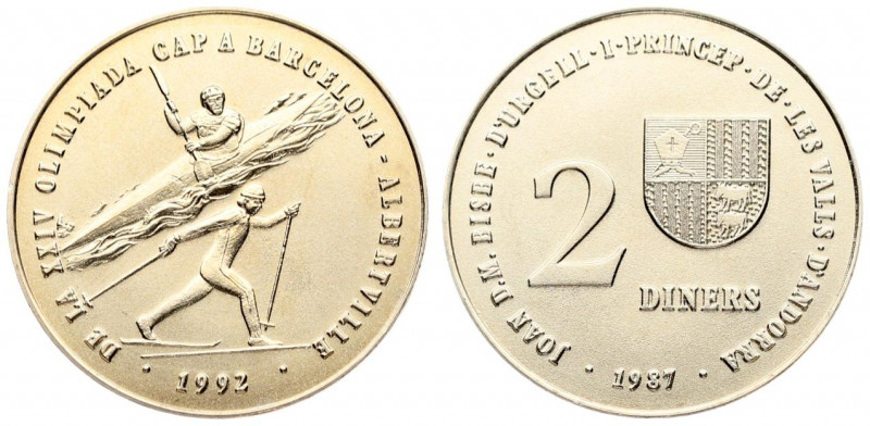 Andorra 2 Diners 1987 1992 Winter & Summer Olympics. Averse: Small arms on shiel...