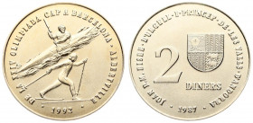 Andorra 2 Diners 1987 1992 Winter & Summer Olympics. Averse: Small arms on shield; upper right; value at center; left. Reverse: Kayaker and skier. Cop...