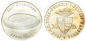 Andorra 20 Diners 1988 1988 Summer Olympics. Averse: Crowned arms. Reverse: Chamshil Stadium. Silver. KM 43