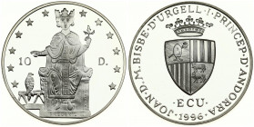 Andorra 10 Diners 1996 Frederic II on Throne. Averse: Arms above 'ECU'. Reverse: Frederic II on throne. Silver. KM 119