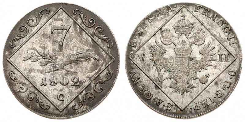 Austria 7 Kreuzer 1802 C Franz II (I)(1792-1835). Averse: Crowned imperial eagle...