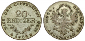Austria TYROL 20 Kreuzer 1809. Averse: Crowned eagle; wreath encircles head. Reverse: Denomination above spray. Silver. KM 149