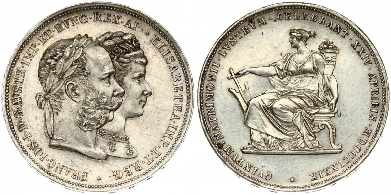 Austria 2 Gulden MDCCCLXXIX (1879) Silver Wedding Anniversary. Franz Joseph I(18...