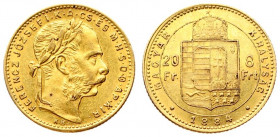 Austria Hungary 8 Forint 20 Francs 1884 KB Franz Joseph I(1848-1916). Averse: Laureate head right. Reverse: Crowned shield divides value within circle...
