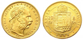 Austria Hungary 8 Forint 20 Francs 1888 KB Franz Joseph I(1848-1916). Averse: Laureate head right. Reverse: Crowned shield divides value within circle...
