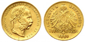 Austria 8 Florins-20 Francs 1889. Franz Joseph I(1848-1916). Averse: Laureate head right; heavy whiskers. Reverse: Crowned imperial double eagle divid...