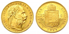 Austria Hungary 8 Forint 20 Francs 1889 KB Franz Joseph I(1848-1916). Averse: Laureate head right. Reverse: Crowned shield divides value within circle...