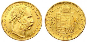 Austria Hungary 8 Forint 20 Francs 1890 KB Franz Joseph I(1848-1916). Averse: Laureate head right. Reverse: Crowned shield divides value within circle...