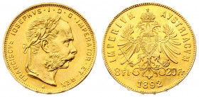 Austria 8 Florins-20 Francs 1892 Restrike. Franz Joseph I(1848-1916). Averse: Laureate head right; heavy whiskers. Reverse: Crowned imperial double ea...