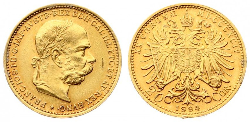 Austria 20 Corona 1894 - MDCCCXCIV Franz Joseph I(1848-1916). Averse: Laureate; ...