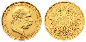 Austria 20 Corona 1894 - MDCCCXCIV Franz Joseph I(1848-1916). Averse: Laureate; bearded head right. Reverse: Crowned imperial double eagle. Gold. KM 2...