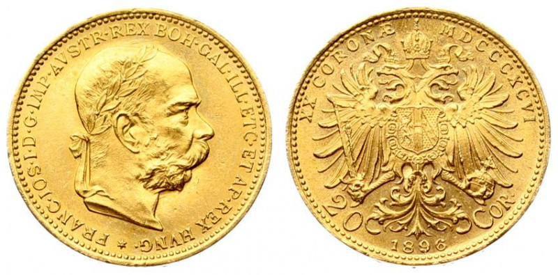 Austria 20 Corona 1896 - MDCCCXCVI Franz Joseph I(1848-1916). Averse: Laureate; ...