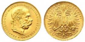 Austria 20 Corona 1896 - MDCCCXCVI Franz Joseph I(1848-1916). Averse: Laureate; bearded head right. Reverse: Crowned imperial double eagle. Gold. KM 2...