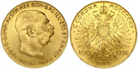 Austria 100 Corona 1915 Restrike. Franz Joseph I(1848-1916). Averse: Head right. Averse Designer: Stefan Schwartz. Reverse: Crowned double eagle; tail...