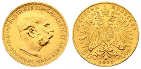 Austria 20 Corona MDCCCCXV 1915 Restrike. Franz Joseph I(1848-1916). Averse: Head of Franz Joseph I; right. Reverse: Crowned imperial double eagle. Go...