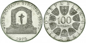Austria 100 Schilling 1975 150th Anniversary - Birth of Johann Strauss the Younger Composer. Averse: Value within circle of shields. Reverse: Monument...