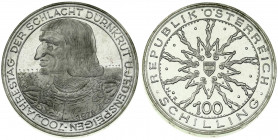 Austria 100 Schilling 1978 700th Anniversary - Battle of Durnkrut and Jedenspeigen. Averse: Standing figures holding hands form a circle with an Austr...