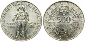 Austria 500 Schilling 1984 175th Anniversary - Tirolean Revolution. Averse: Value within circle of shields. Reverse: Statue of Tirolean Man standing; ...