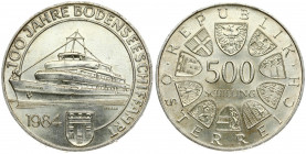 Austria 500 Schilling 1984 100th Anniversary - Commercial Shipping on Lake Constance. Averse: Value within circle of shields. Reverse: Commercial ship...