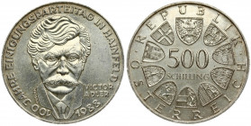 Austria 500 Schilling 1988 100th Anniversary - Victor Adler and Christian Socialist Party. Averse: Value within circle of shields. Reverse: Head of Vi...