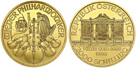 Austria 2000 Schilling 1999 Averse: The Golden Hall organ. Reverse: Wind and string instruments. Edge Description: Reeded. Gold. KM 2990