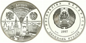 Belarus 20 Roubles 1997 Russia-Belarus State Treaty. Averse: National arms. Reverse: 2 city views with respective national emblems and the date April ...