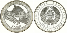 Belarus 20 Roubles 2005 2006 Olympic Games Ice Hockey. Averse: National arms. Reverse: Two hockey players. Silver. KM 133