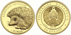 Belarus 50 Roubles 2011 Hedgehog. Averse: National arms. Reverse: Hedgehog. Gold. KM 286