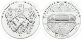 Belarus 20 Roubles 2012 2014 World Ice Hockey Championship. Averse: National arms above Minsk Arena. Reverse: Hockey players. Silver. KM 480