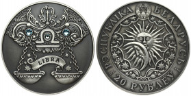 Belarus 20 Roubles 2013 Libra. Averse Lettering: РЭСПУБЛIКА БЕЛАРУСЬ 2013 20 РУБЛЁЎ Ag 925. Reverse Lettering: LIBRA. Edge Reeded. Silver. KM 455. Wit...