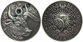 Belarus 20 Roubles 2014 Taurus. Averse Lettering: РЭСПУБЛIКА БЕЛАРУСЬ 2014 20 РУБЛЁЎ Ag 925. Reverse Lettering: TAURUS. Edge Reeded. Silver. KM F457. ...