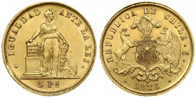Chile 5 Pesos 1873 Averse: Plumed arms with supporters. Reverse: Standing liberty. Gold. KM 144