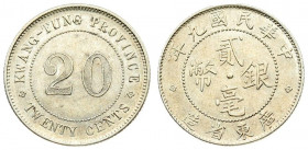 China KWANGTUNG PROVINCE 20 Cents 1920 Guangzhou. Averse: KWANG-TUNG PROVINCE / TWENTY CENTS. Value. Reverse: Chinese legend within circle and around....