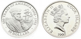 Cook Islands 50 Dollars 1990 500 Years of America. Averse: Crowned head right; date below. Lettering: ELIZABETH II COOK ISLANDS RDM 1990. Reverse: Jac...