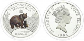 Cook Islands 10 Dollars 1996 Yellowstone National Park. Averse: Crowned head right; date below. Reverse: Multicolor Grizzly bear and cub. Silver. KM 2...
