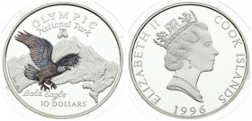 Cook Islands 10 Dollars 1996 Olympic National Park. Averse: Crowned head right; date below. Reverse: Multicolor Bald eagle in flight over mountain top...