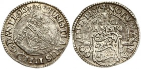 Denmark 1 Mark 1615 Christian IV (1588-1648). Averse: Crowned half-bust of King facing right within rope circle. King's right arm is on the hip. Legen...