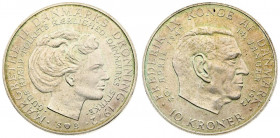 Denmark 10 Kroner 1972(h) S Death of Frederik IX and Accession of Margrethe II. Margrethe II(1972-). Averse: Head right; motto; titles; mint mark and ...