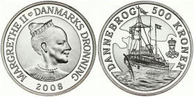 Denmark 500 Kroner 2008 160th Anniversary of Dannebrog. Margrethe II(1972-). Averse Lettering: MARGRETHE II DANMARKS DRONNING 2008. Reverse: Royal Yac...