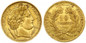 France 10 Francs 1851A Averse: Liberty head with grain wreath right. Reverse: Denomination within wreath. Gold. KM 770