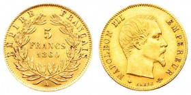 France 5 Francs 1860 A Paris. Napoleon III ( 1852-1870).Averse: Head right. Reverse: Denomination within wreath. Gold. KM 787.1