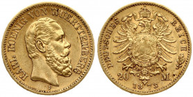 Germany WÜRTTEMBERG 20 Mark 1873 F Karl I(1864 - 1891). Averse: Head right. Averse Legend: KARL KOENIG VON WUERTTEMBERG. Reverse: Type I. Reverse Lege...