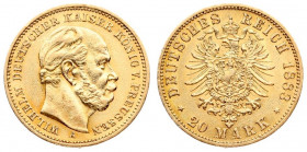Germany PRUSSIA 20 Mark 1883A Wilhelm I(1861-1888). Averse: Head right. Averse Legend: WILHELM DEUTSCHER KAISER KONIG V. PREUSSEN. Reverse: Crowned im...