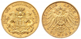 Germany HAMBURG 20 Mark 1894 J Averse: Helmeted arms with lion supporters. Averse Legend: FREIE UND HANSESTADT HAMBURG. Reverse: Crowned imperial eagl...