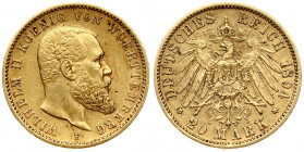 Germany WÜRTTEMBERG 20 Mark 1894 F Wilhelm II(1891-1918). Averse: Head right. Averse Legend: WILHELM II KOENIG VON WUERTTEMBERG. Reverse: Crowned impe...
