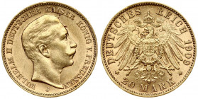 Germany PRUSSIA 20 Mark 1909 J Wilhelm II(1888-1918). Averse: Head right. Averse Legend: WILHELM II DEUTSCHES KAISER KONIG V. PREUSSEN. Reverse: Crown...